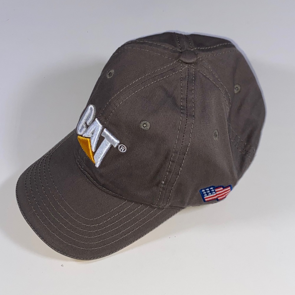 Caterpillar CAT Hat Gray Adjustable Strapback Baseball Cap Stowers USA Flag Logo